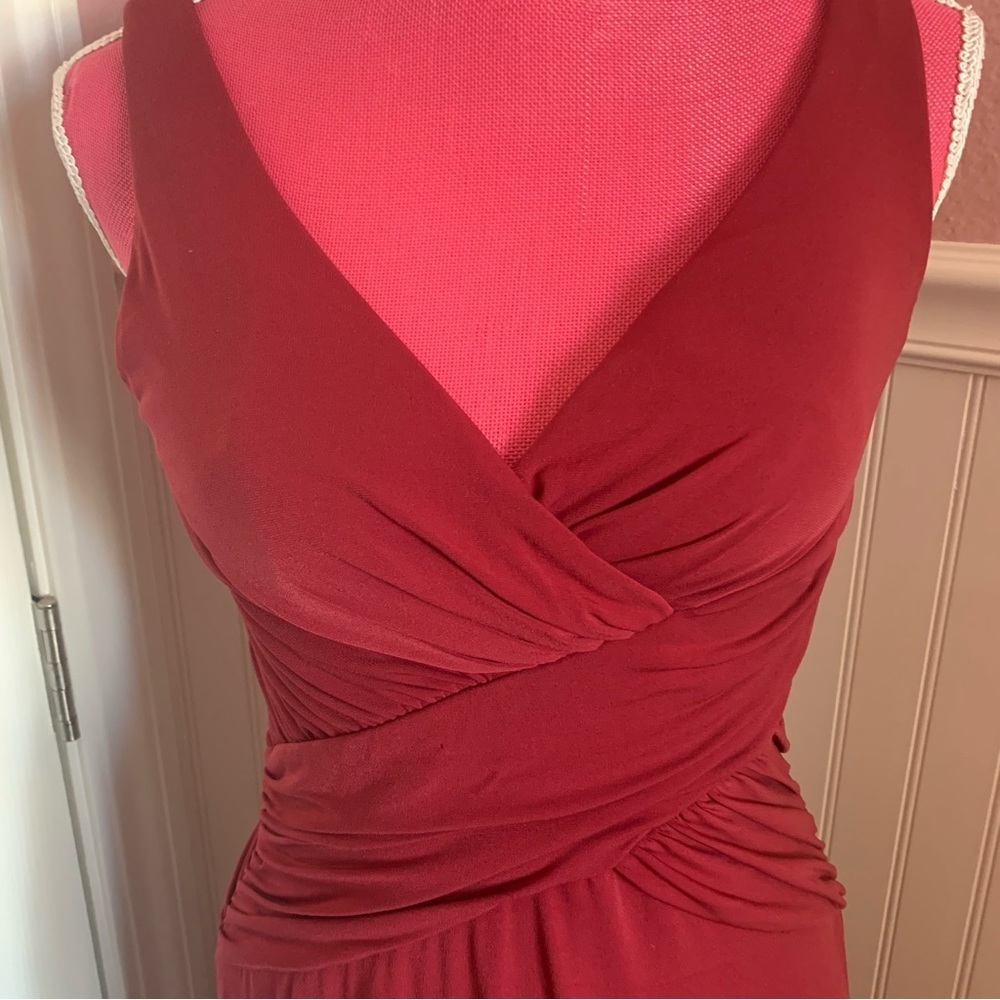 Red Stretchy Nylon Formal Gown with Gathered Waist, roughly size M - Picture 3 of 8